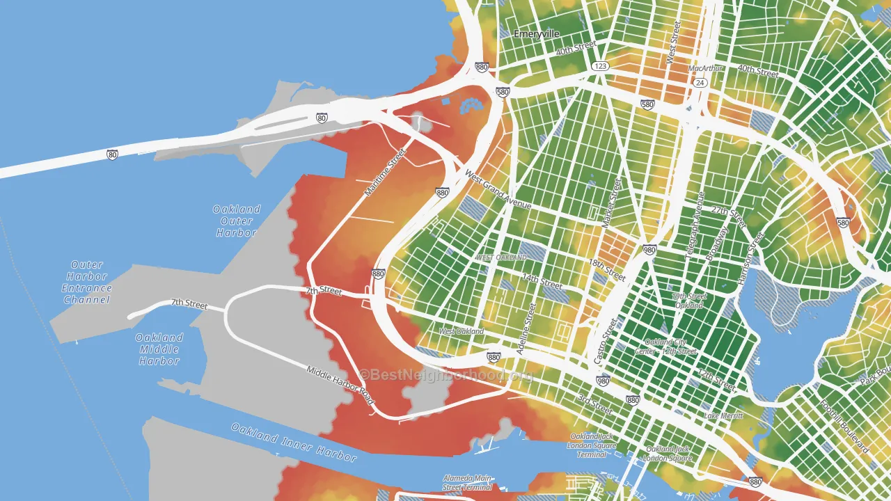 Walk Grade map of Prescott, Oakland, CA, walkable areas in green and car-dependent areas in red