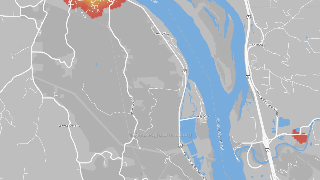 Walk Grade map of Prescott, OR, walkable areas in green and car-dependent areas in red
