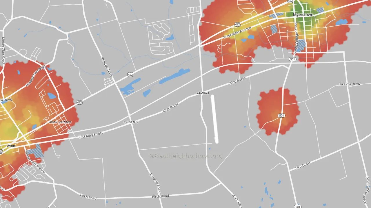 Walk Grade map of Prescott, PA, walkable areas in green and car-dependent areas in red