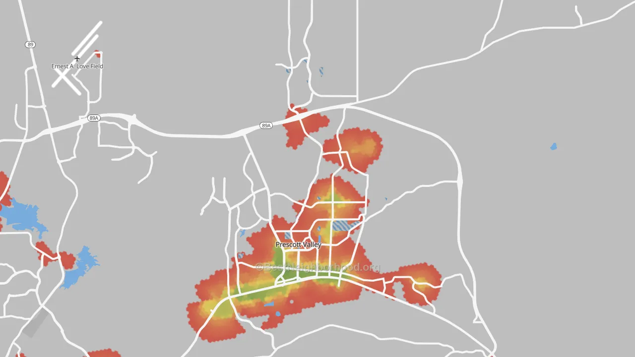 Walk Grade map of Prescott Valley, AZ, walkable areas in green and car-dependent areas in red