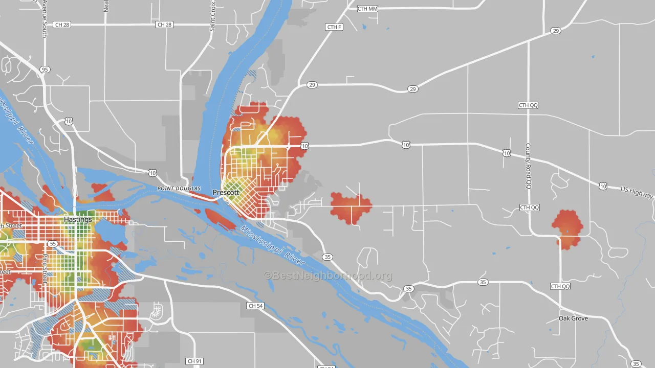 Walk Grade map of Prescott, WI, walkable areas in green and car-dependent areas in red