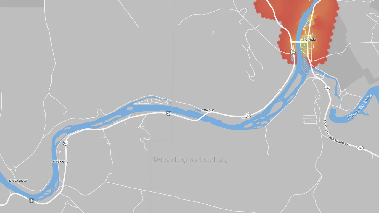 Walk Grade map of President, PA, walkable areas in green and car-dependent areas in red