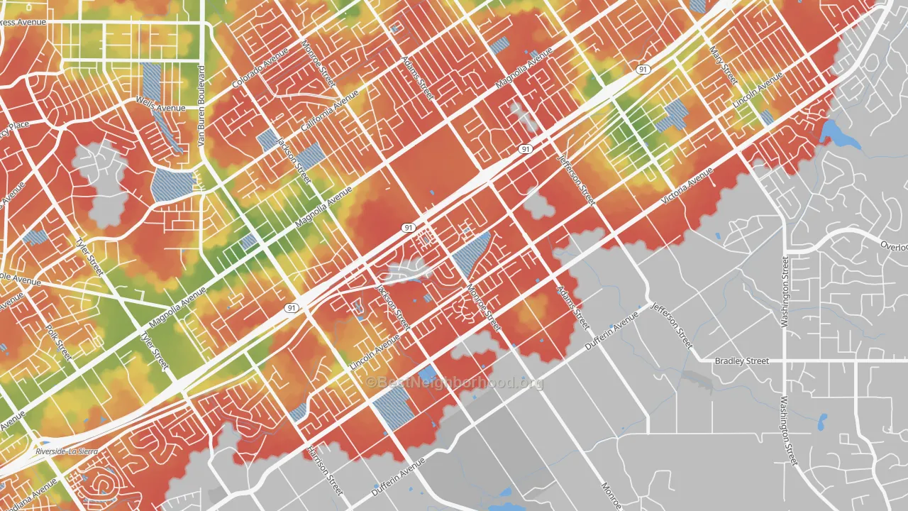 Walk Grade map of Presidential Park, Riverside, CA, walkable areas in green and car-dependent areas in red