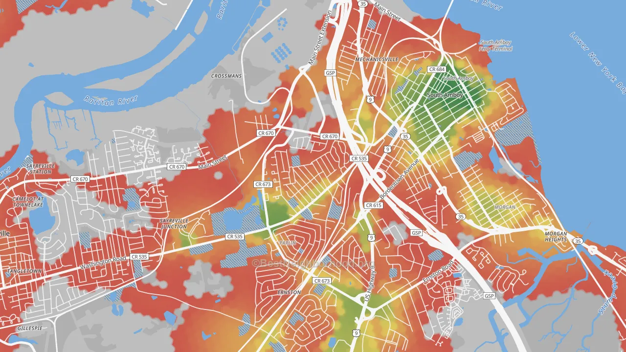 Walk Grade map of Presidents Park, Parlin, NJ, walkable areas in green and car-dependent areas in red