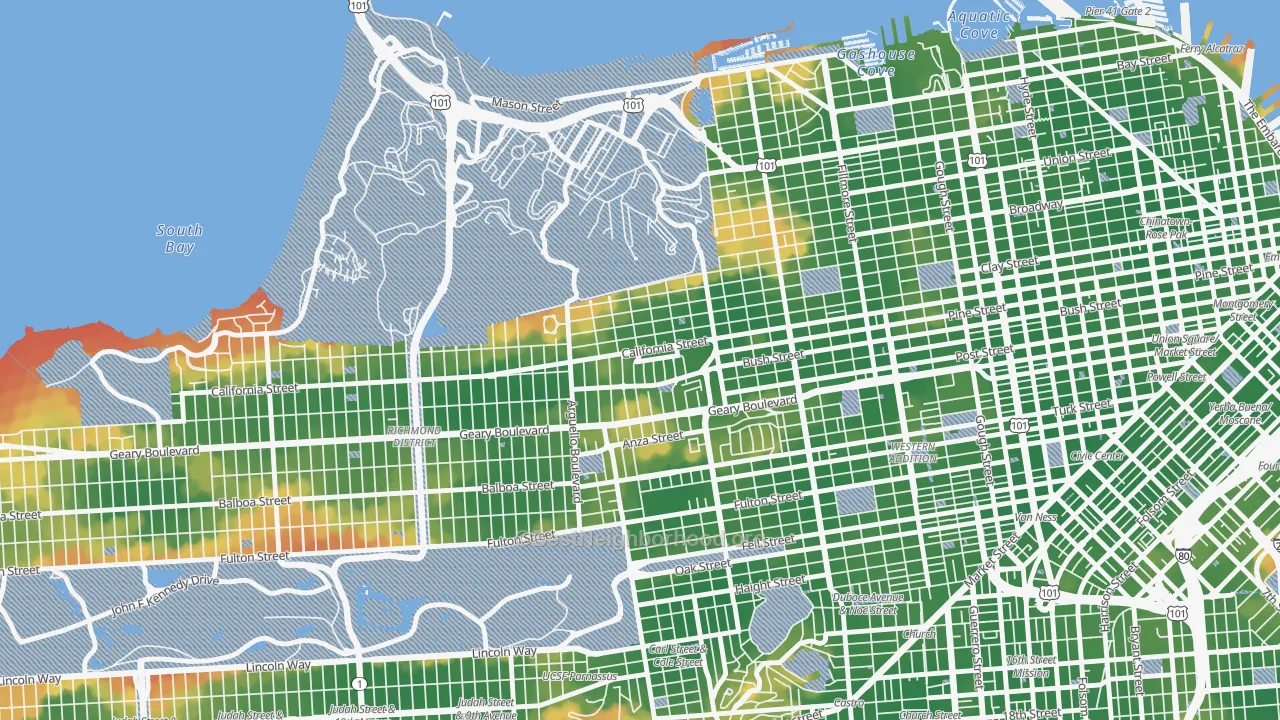 Walk Grade map of Presidio Heights, San Francisco, CA, walkable areas in green and car-dependent areas in red