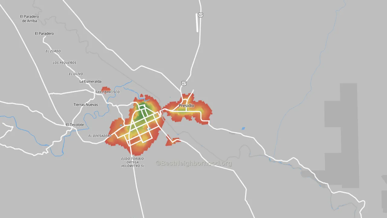 Walk Grade map of Presidio, TX, walkable areas in green and car-dependent areas in red