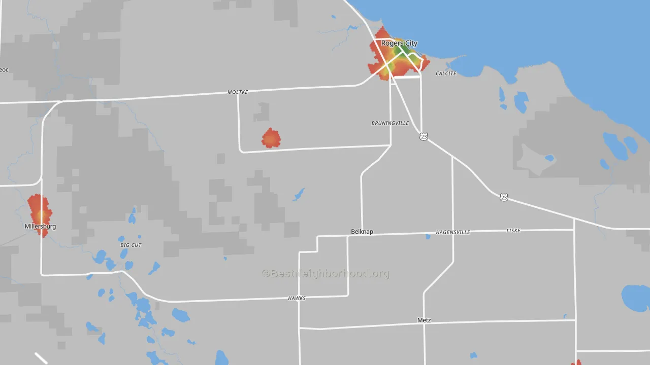 Walk Grade map of Presque Isle County, MI, walkable areas in green and car-dependent areas in red
