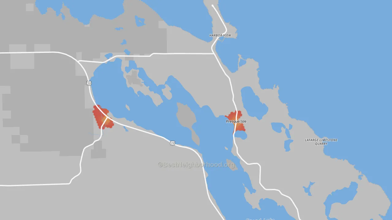Walk Grade map of Presque Isle, MI, walkable areas in green and car-dependent areas in red
