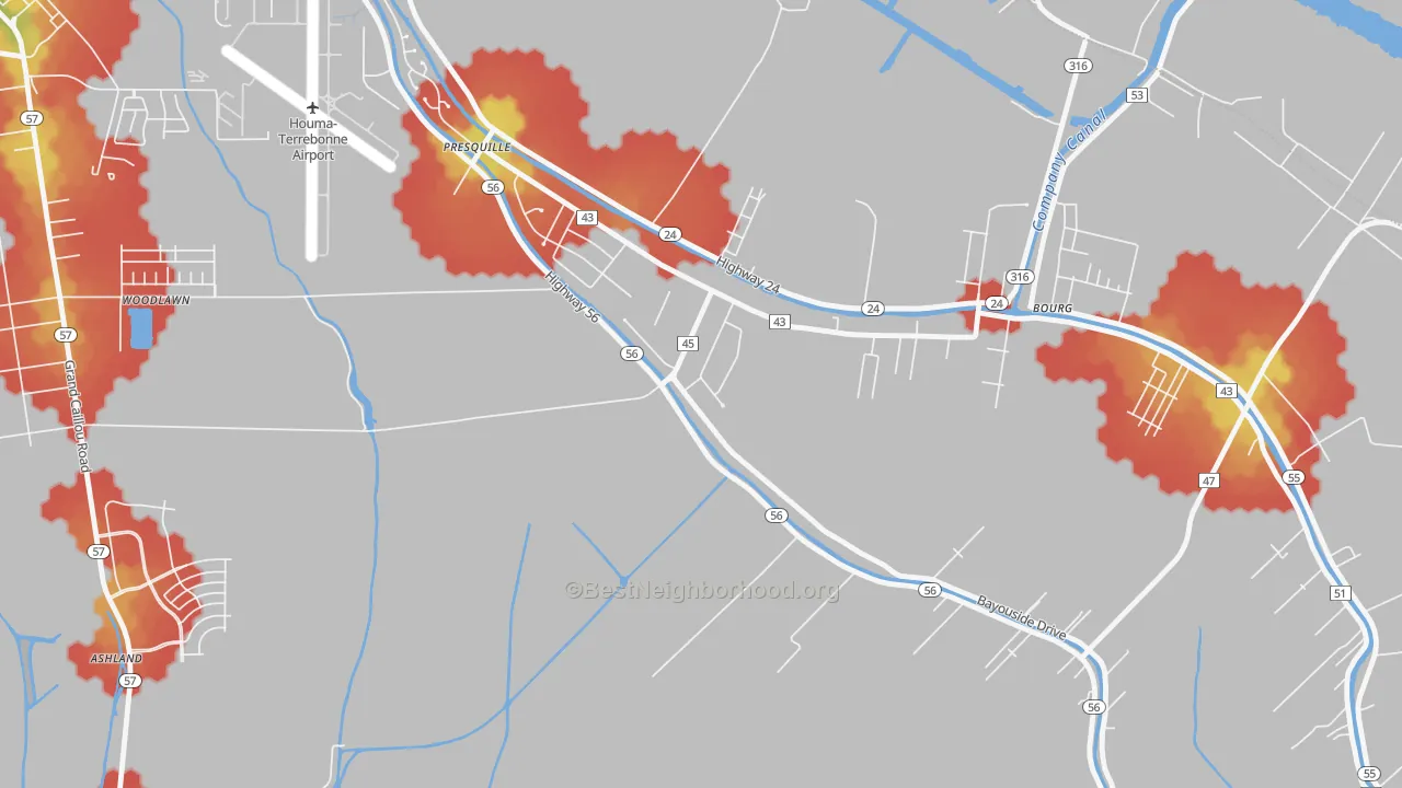 Walk Grade map of Presquille, LA, walkable areas in green and car-dependent areas in red