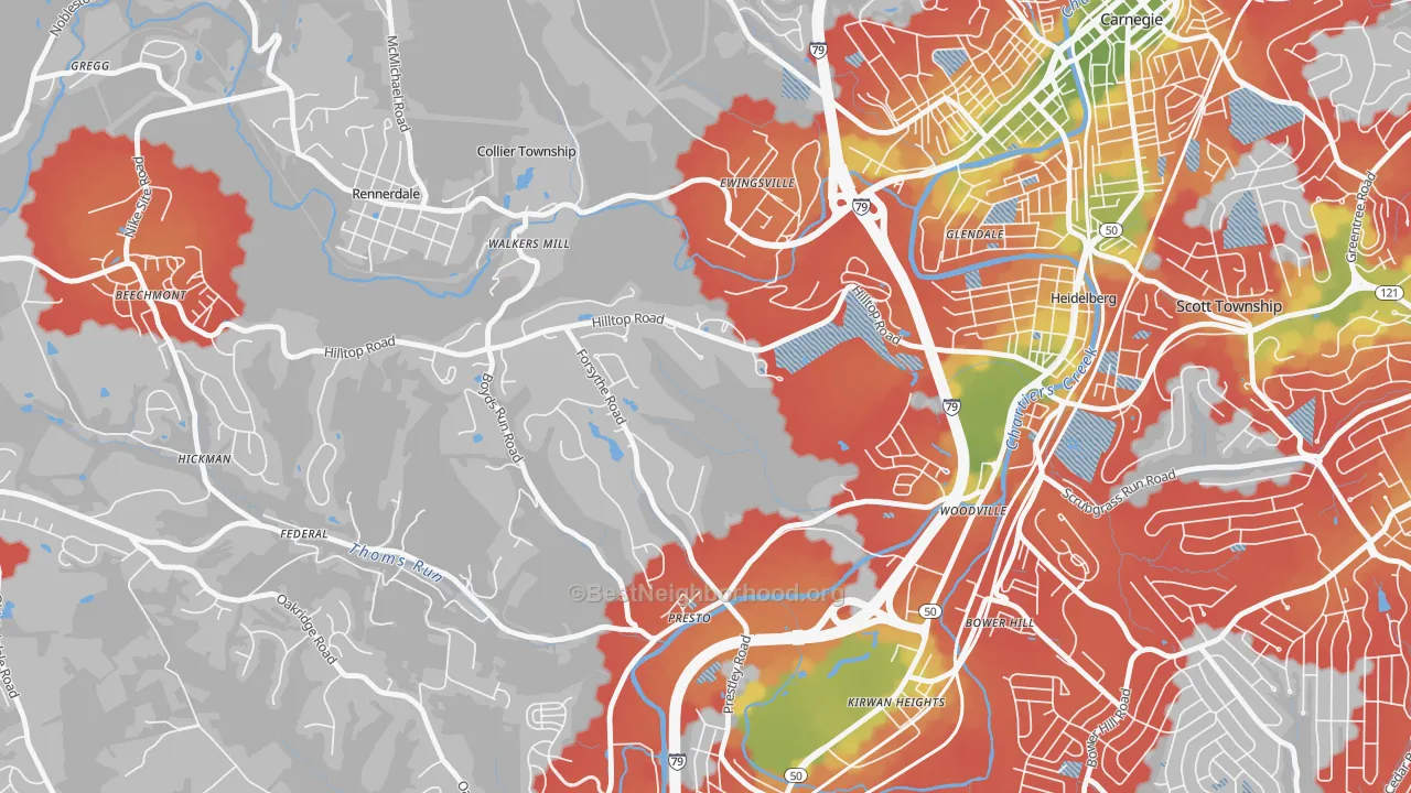 Walk Grade map of Presto, PA, walkable areas in green and car-dependent areas in red