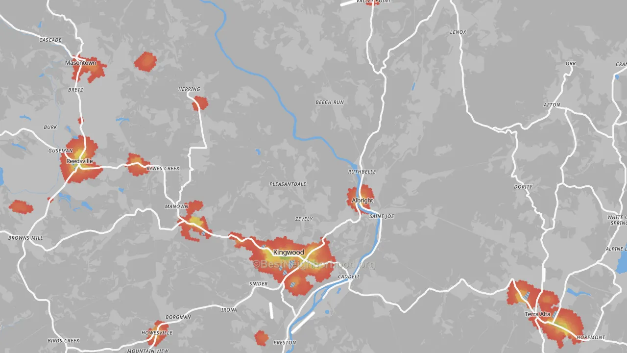 Walk Grade map of Preston County, WV, walkable areas in green and car-dependent areas in red