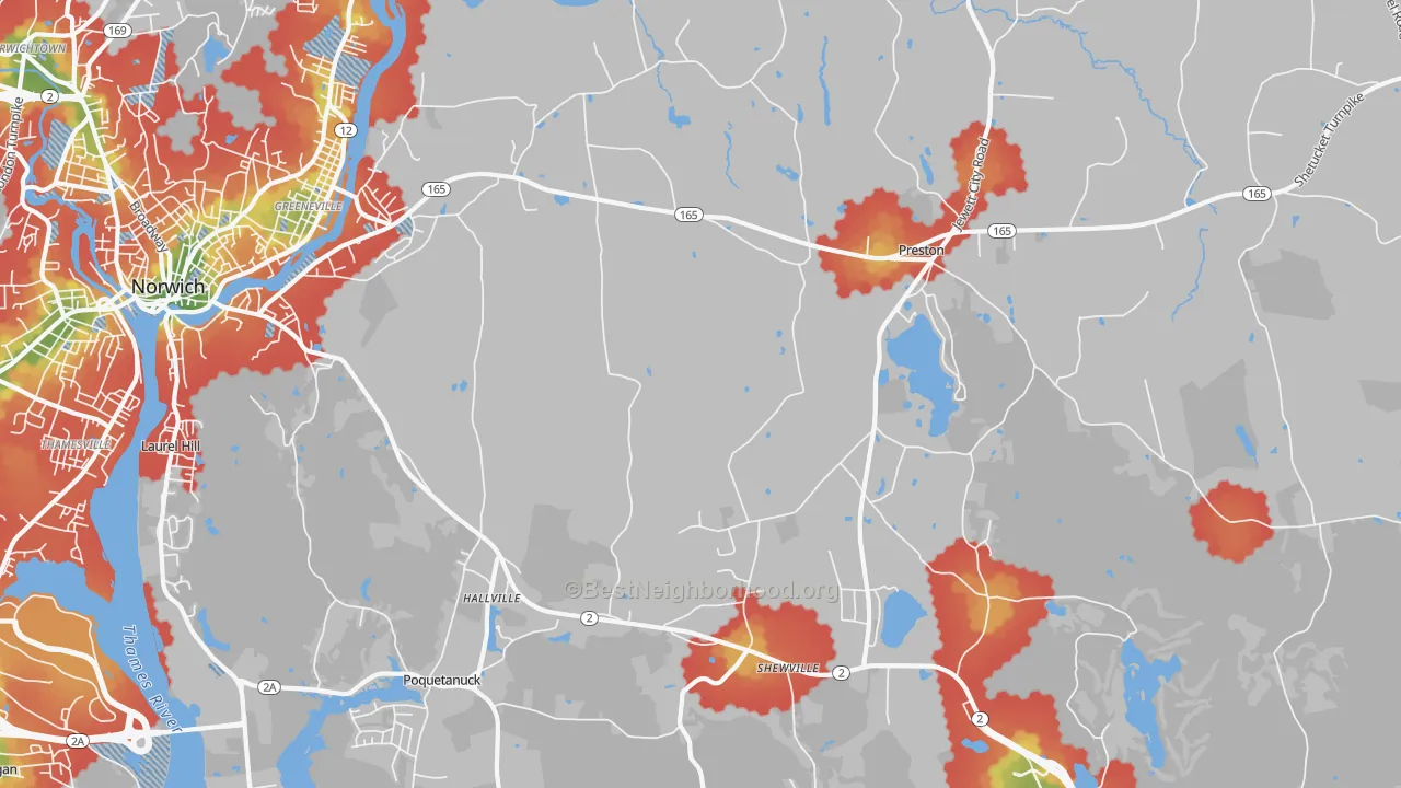 Walk Grade map of Preston, CT, walkable areas in green and car-dependent areas in red