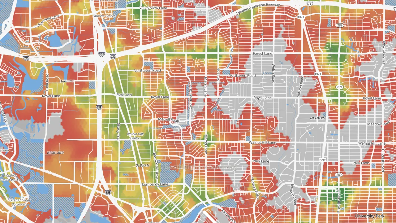 Walk Grade map of Preston Hollow, Dallas, TX, walkable areas in green and car-dependent areas in red