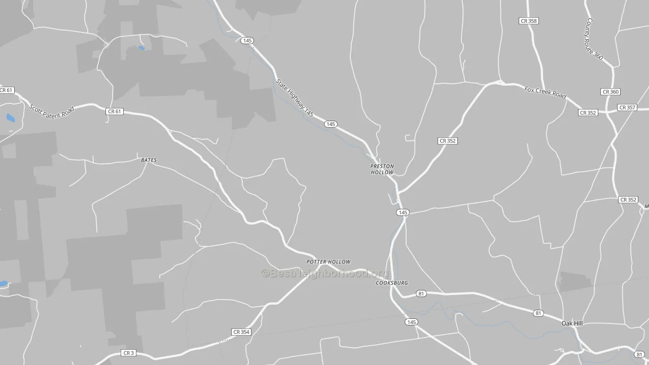 Walk Grade map of Preston Hollow, NY, walkable areas in green and car-dependent areas in red