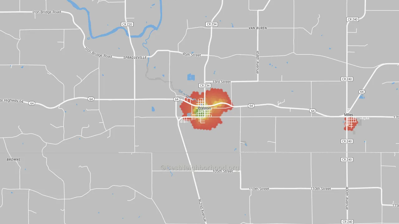 Walk Grade map of Preston, IA, walkable areas in green and car-dependent areas in red
