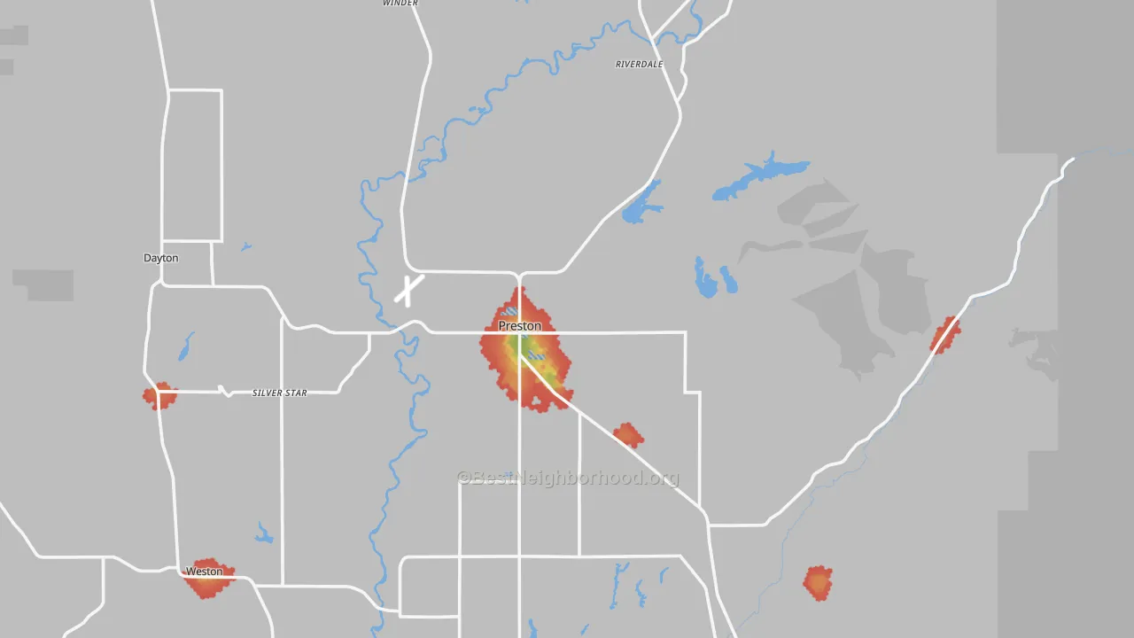 Walk Grade map of Preston, ID, walkable areas in green and car-dependent areas in red