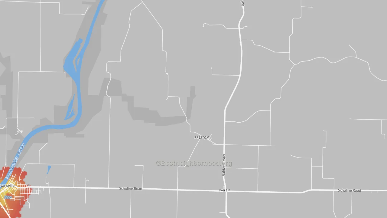 Walk Grade map of Preston, IL, walkable areas in green and car-dependent areas in red