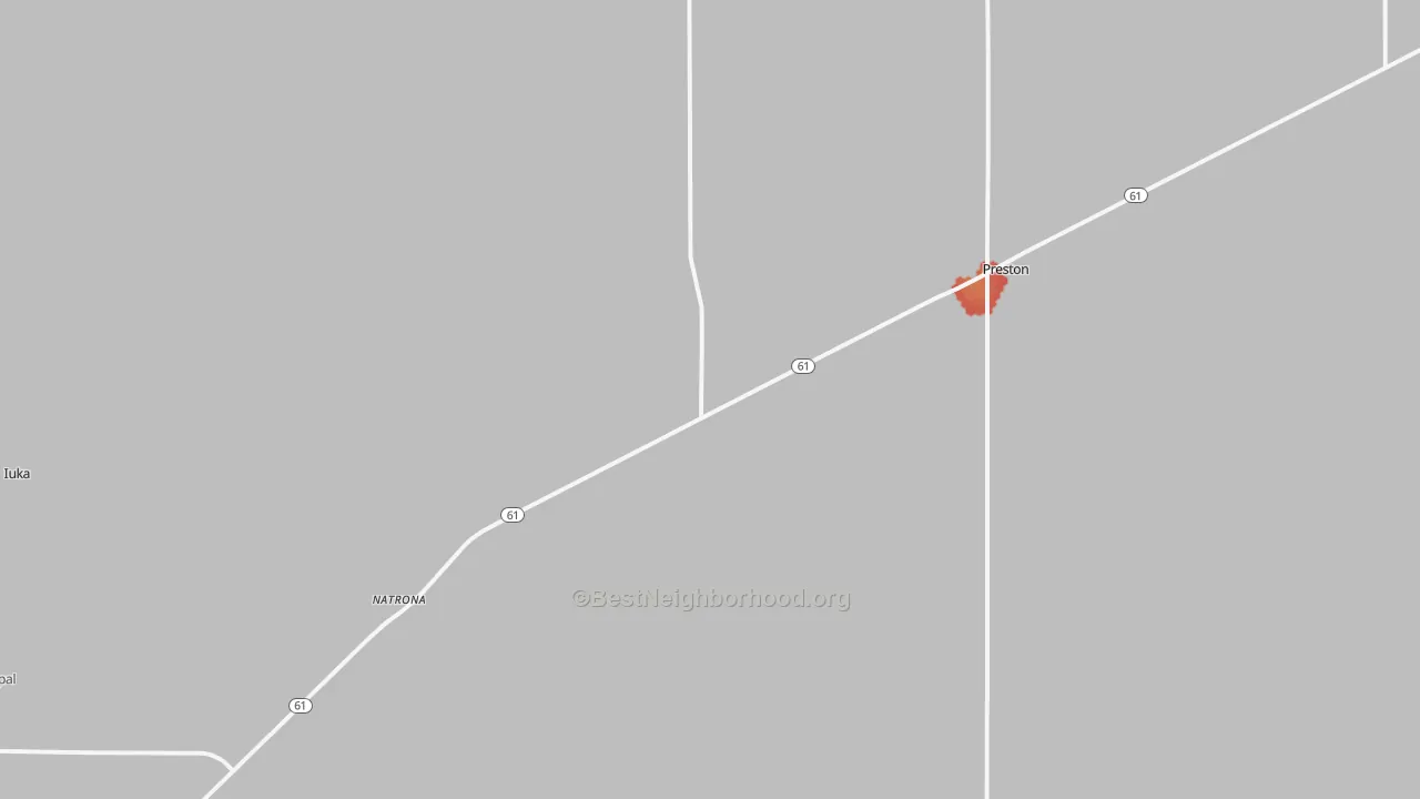 Walk Grade map of Preston, KS, walkable areas in green and car-dependent areas in red