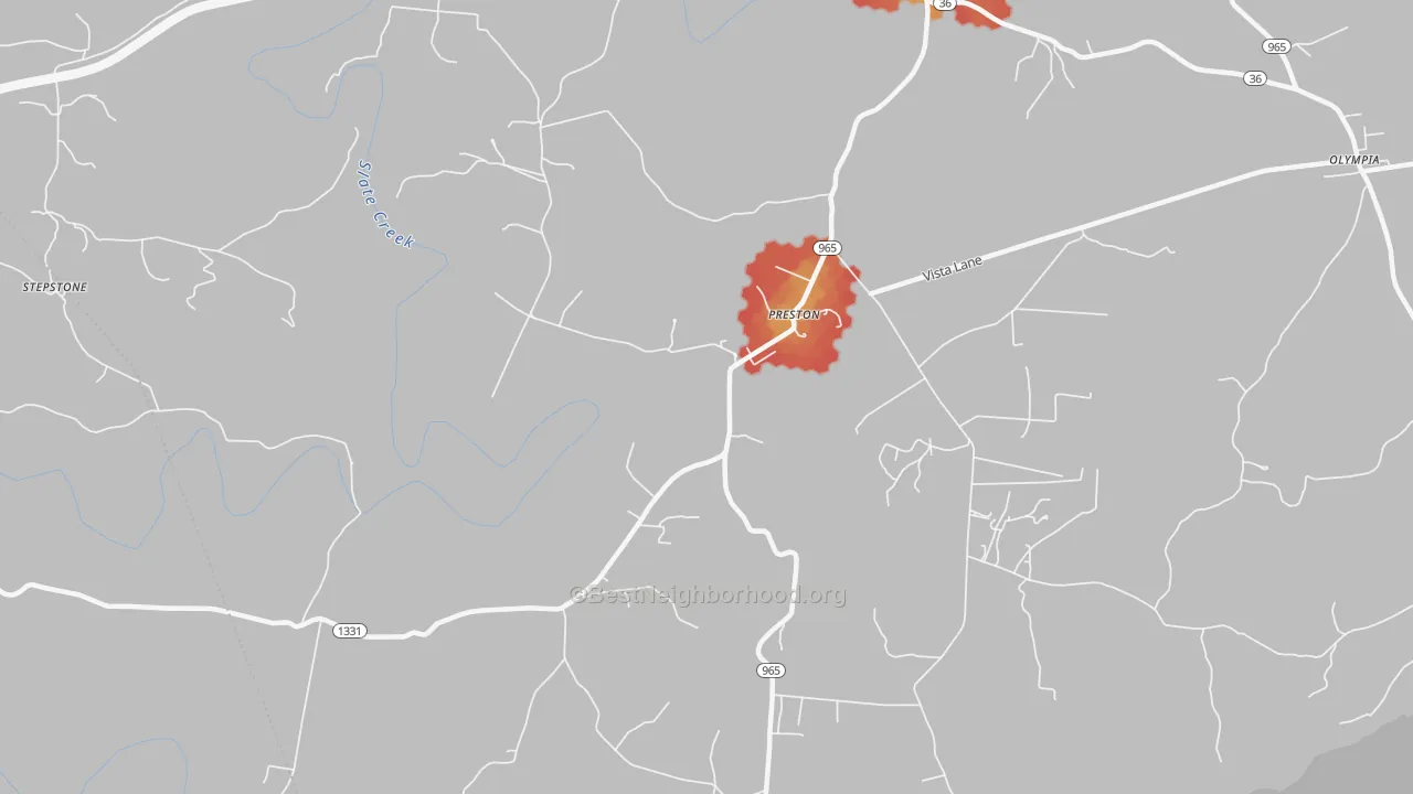 Walk Grade map of Preston, KY, walkable areas in green and car-dependent areas in red