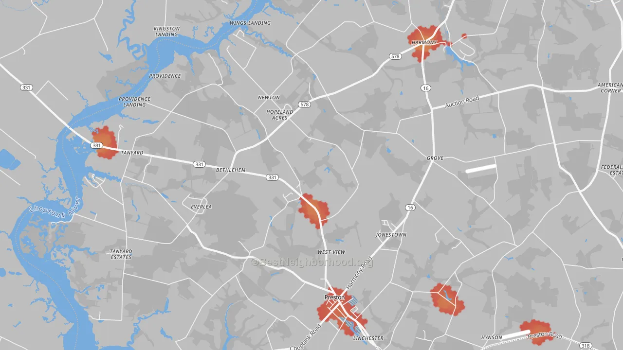 Walk Grade map of Preston, MD, walkable areas in green and car-dependent areas in red