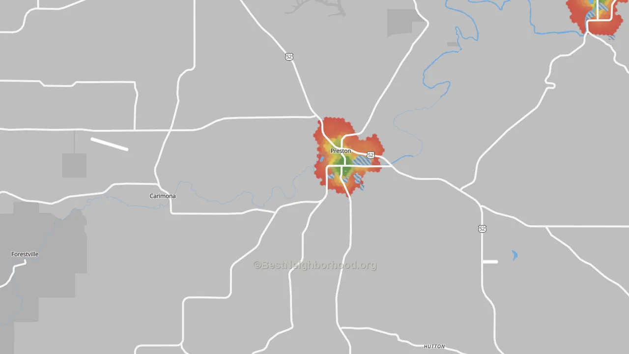 Walk Grade map of Preston, MN, walkable areas in green and car-dependent areas in red
