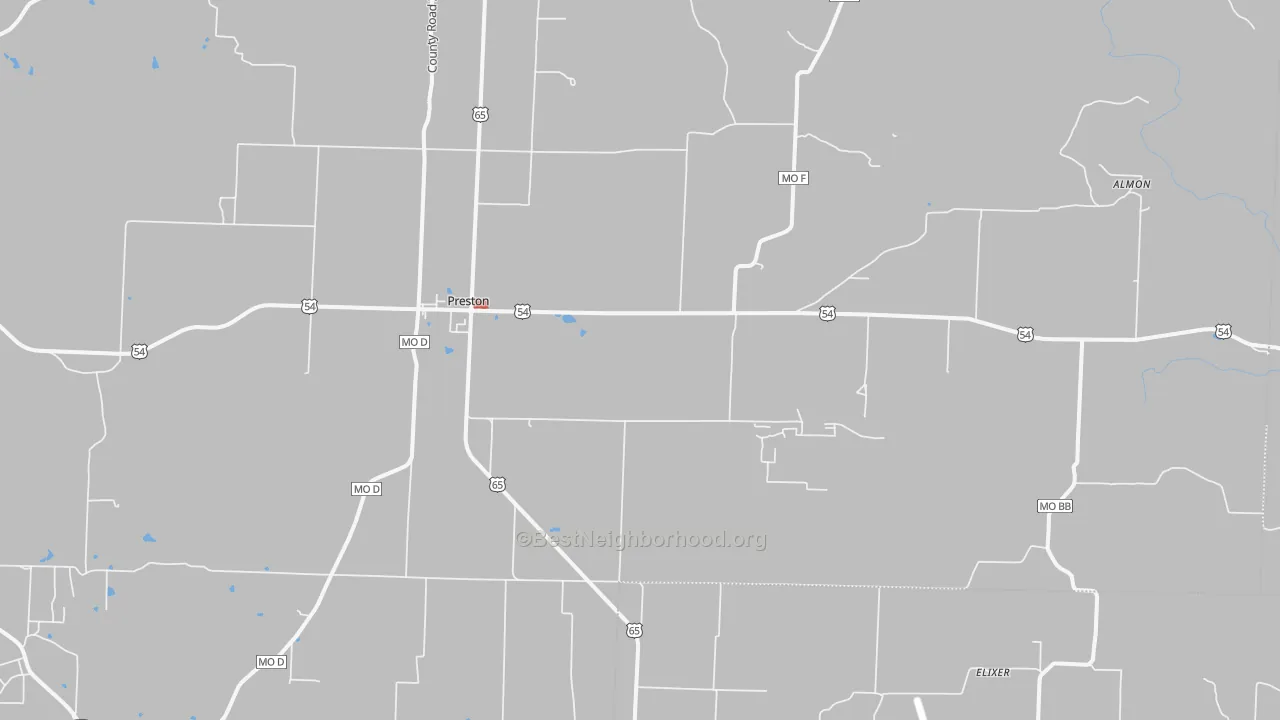 Walk Grade map of Preston, MO, walkable areas in green and car-dependent areas in red