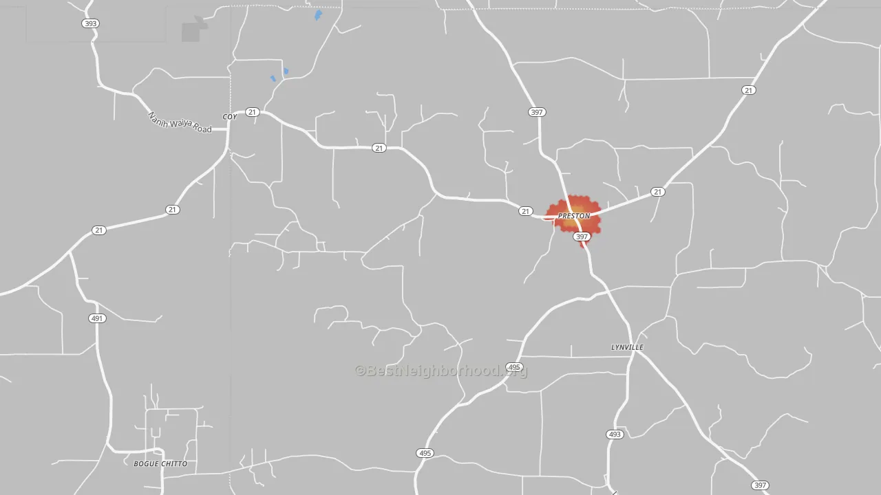 Walk Grade map of Preston, MS, walkable areas in green and car-dependent areas in red