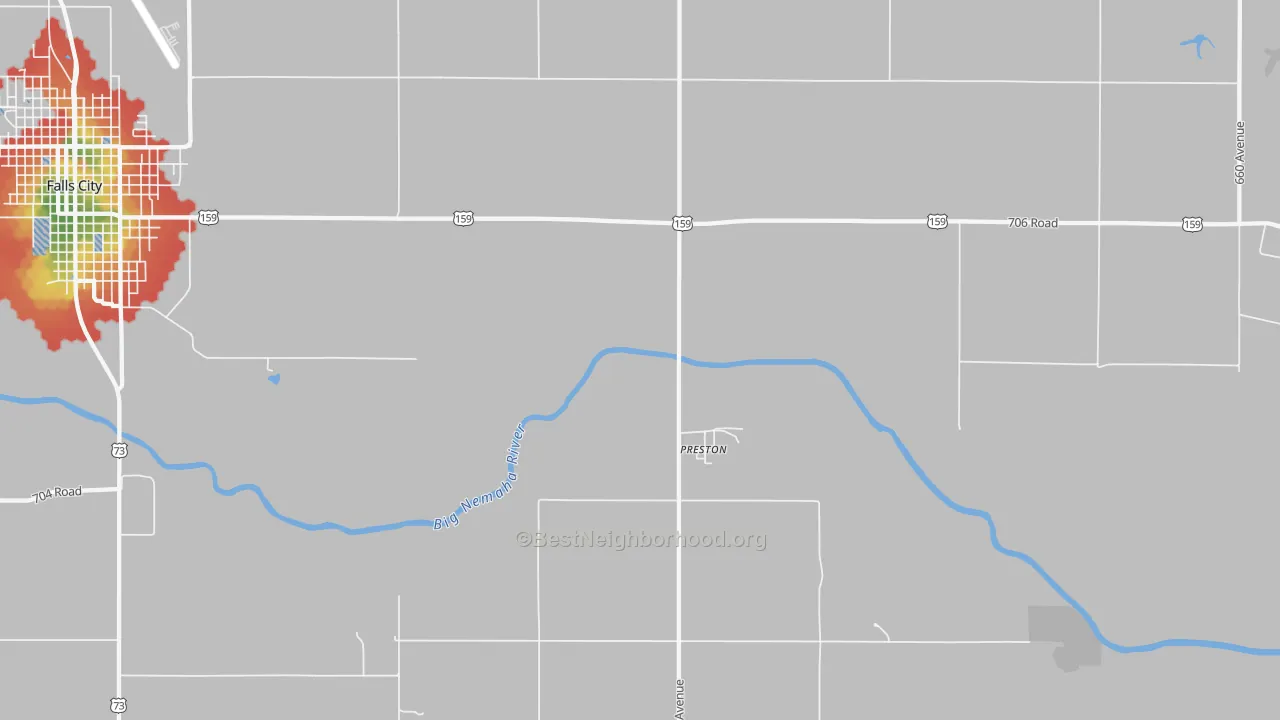 Walk Grade map of Preston, NE, walkable areas in green and car-dependent areas in red