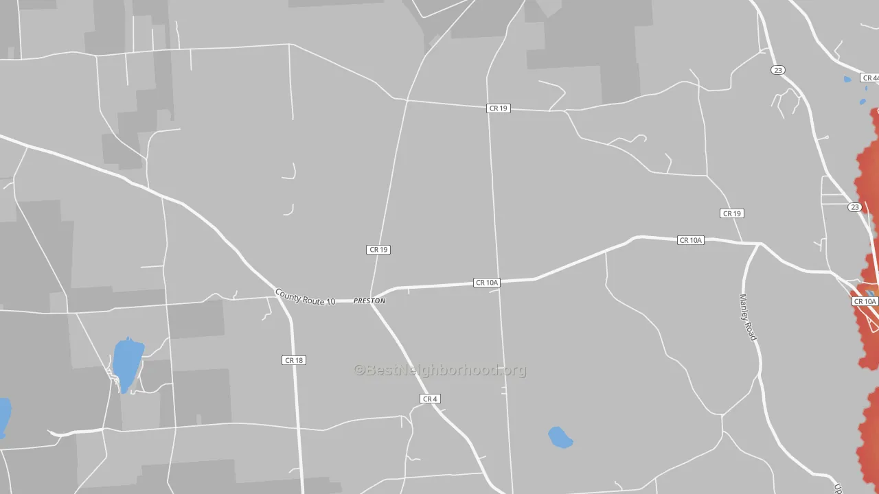 Walk Grade map of Preston, NY, walkable areas in green and car-dependent areas in red