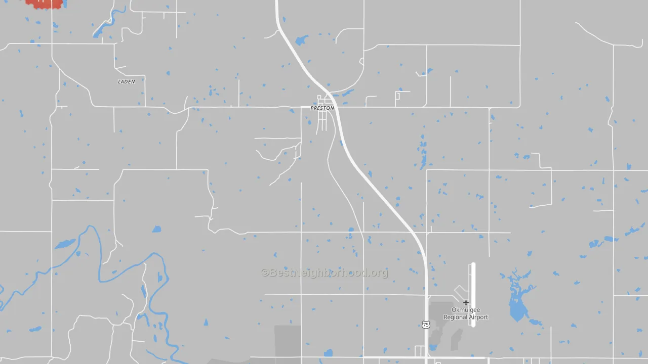 Walk Grade map of Preston, OK, walkable areas in green and car-dependent areas in red