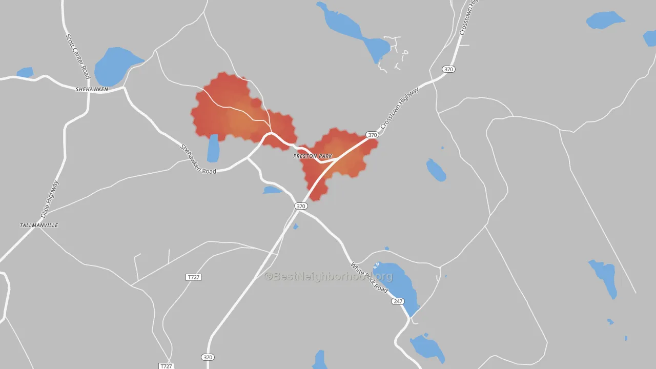 Walk Grade map of Preston Park, PA, walkable areas in green and car-dependent areas in red