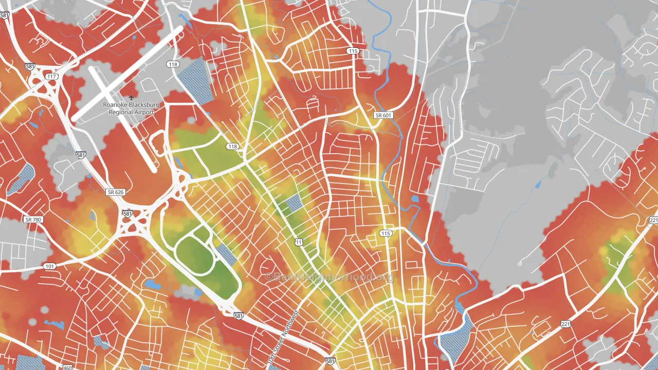 Walk Grade map of Preston Park, Roanoke, VA, walkable areas in green and car-dependent areas in red