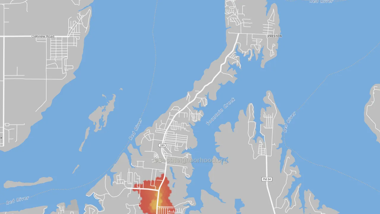 Walk Grade map of Preston, TX, walkable areas in green and car-dependent areas in red