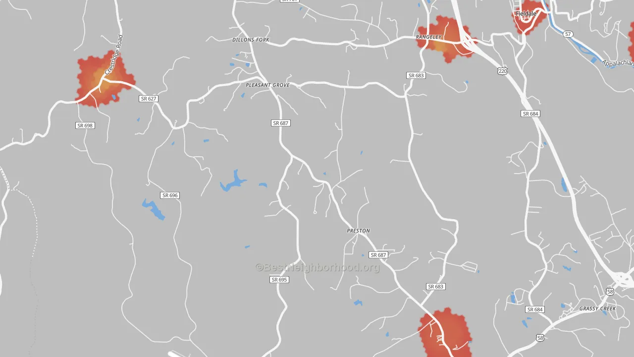Walk Grade map of Preston, VA, walkable areas in green and car-dependent areas in red
