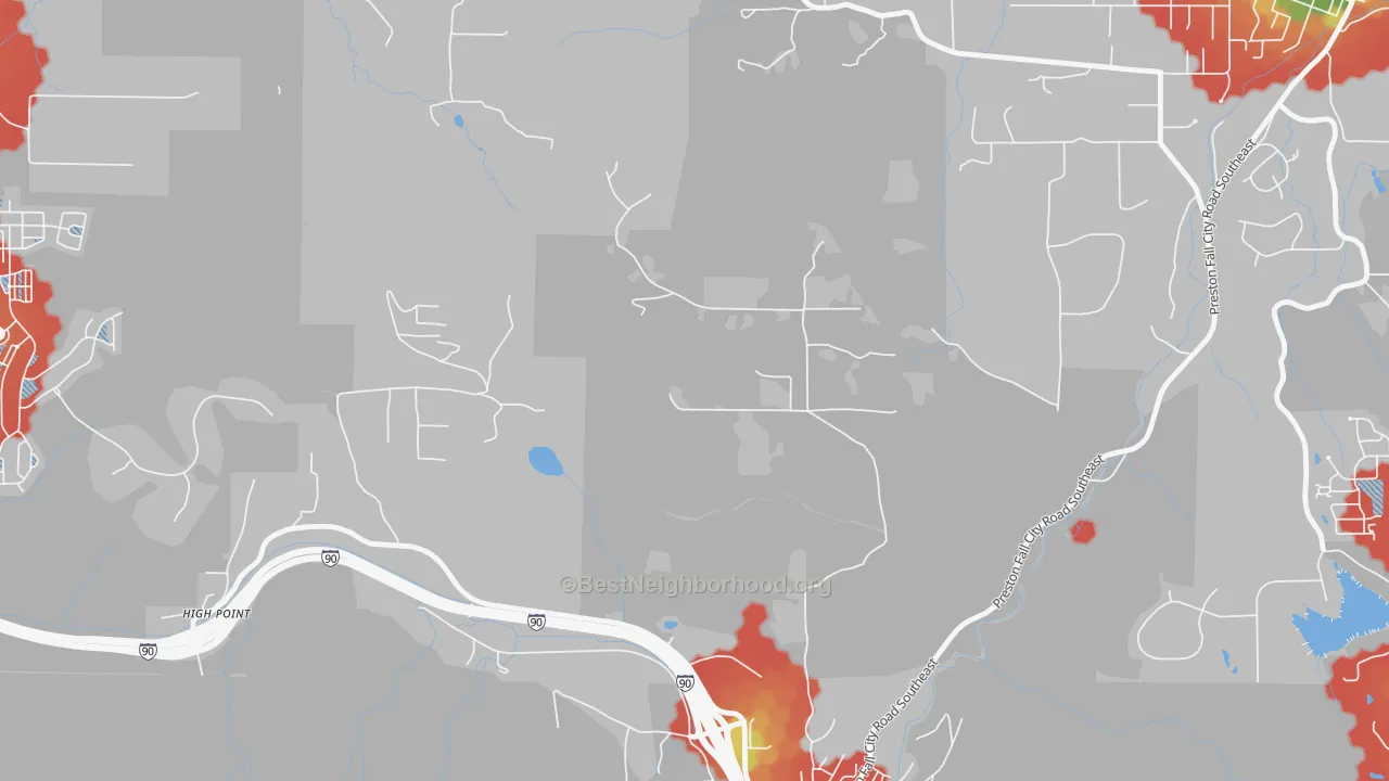 Walk Grade map of Preston, WA, walkable areas in green and car-dependent areas in red