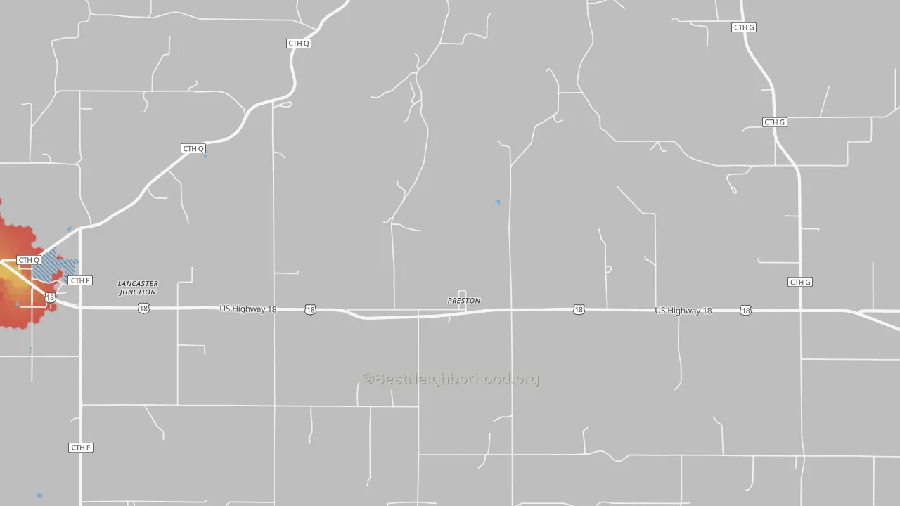 Walk Grade map of Preston, WI, walkable areas in green and car-dependent areas in red