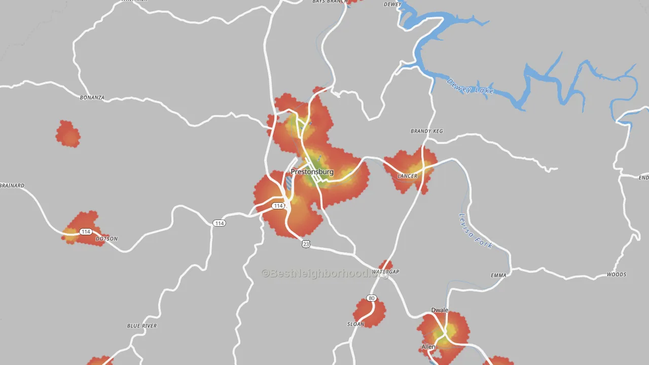 Walk Grade map of Prestonsburg, KY, walkable areas in green and car-dependent areas in red