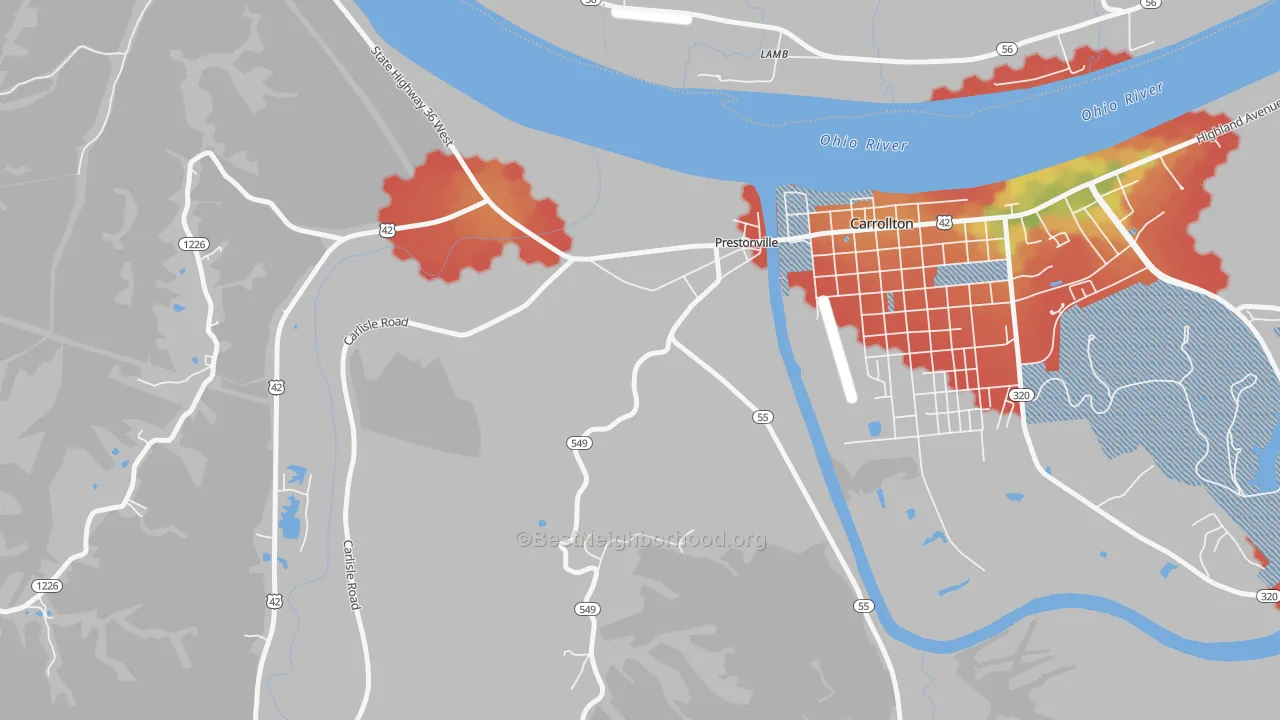 Walk Grade map of Prestonville, KY, walkable areas in green and car-dependent areas in red