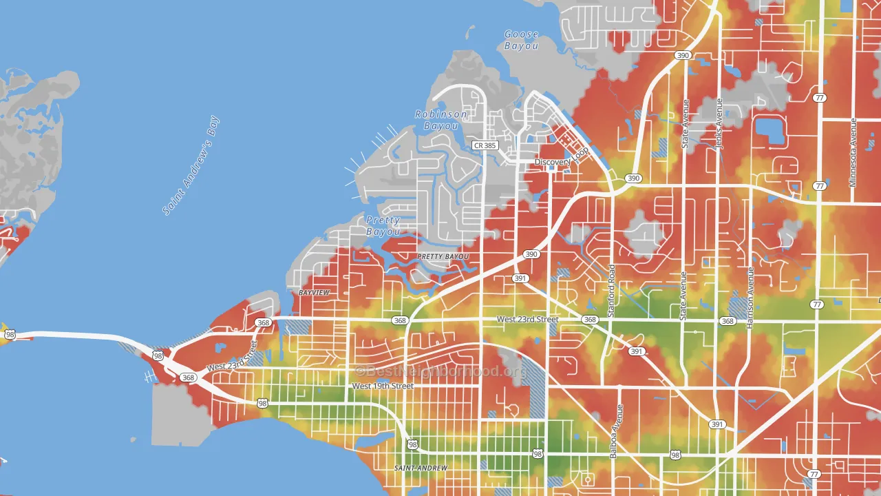 Walk Grade map of Pretty Bayou, FL, walkable areas in green and car-dependent areas in red