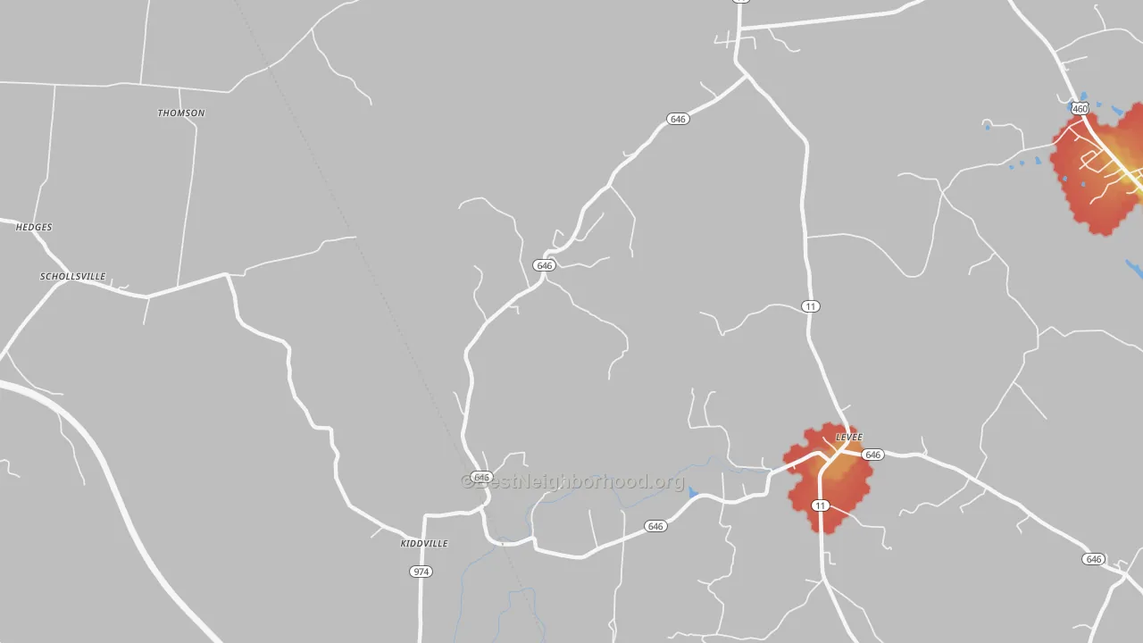 Walk Grade map of Prewitt, KY, walkable areas in green and car-dependent areas in red