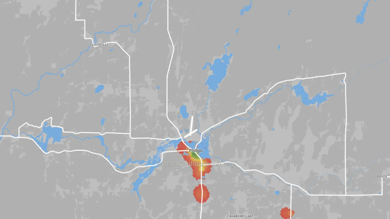 Walk Grade map of Price County, WI, walkable areas in green and car-dependent areas in red