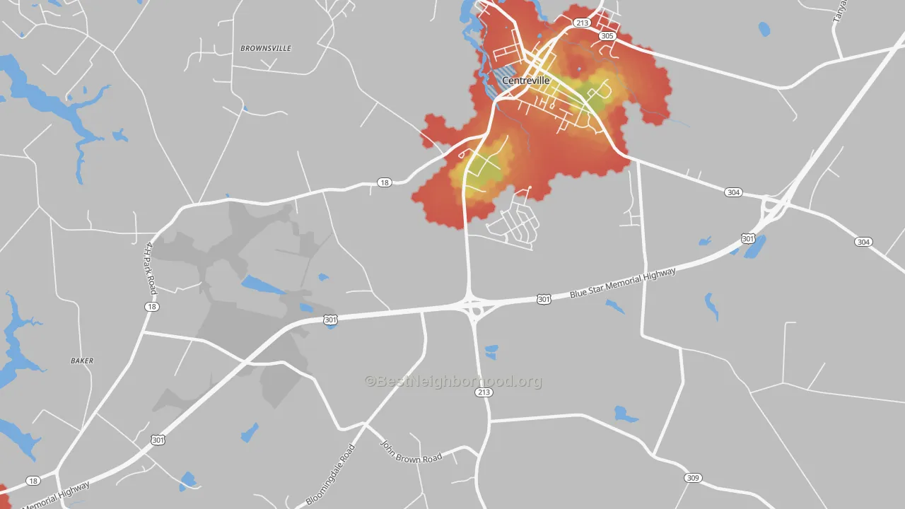 Walk Grade map of Price, MD, walkable areas in green and car-dependent areas in red