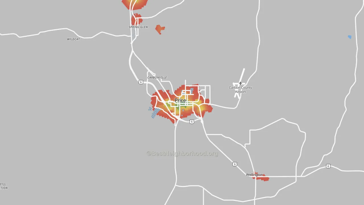 Walk Grade map of Price, UT, walkable areas in green and car-dependent areas in red