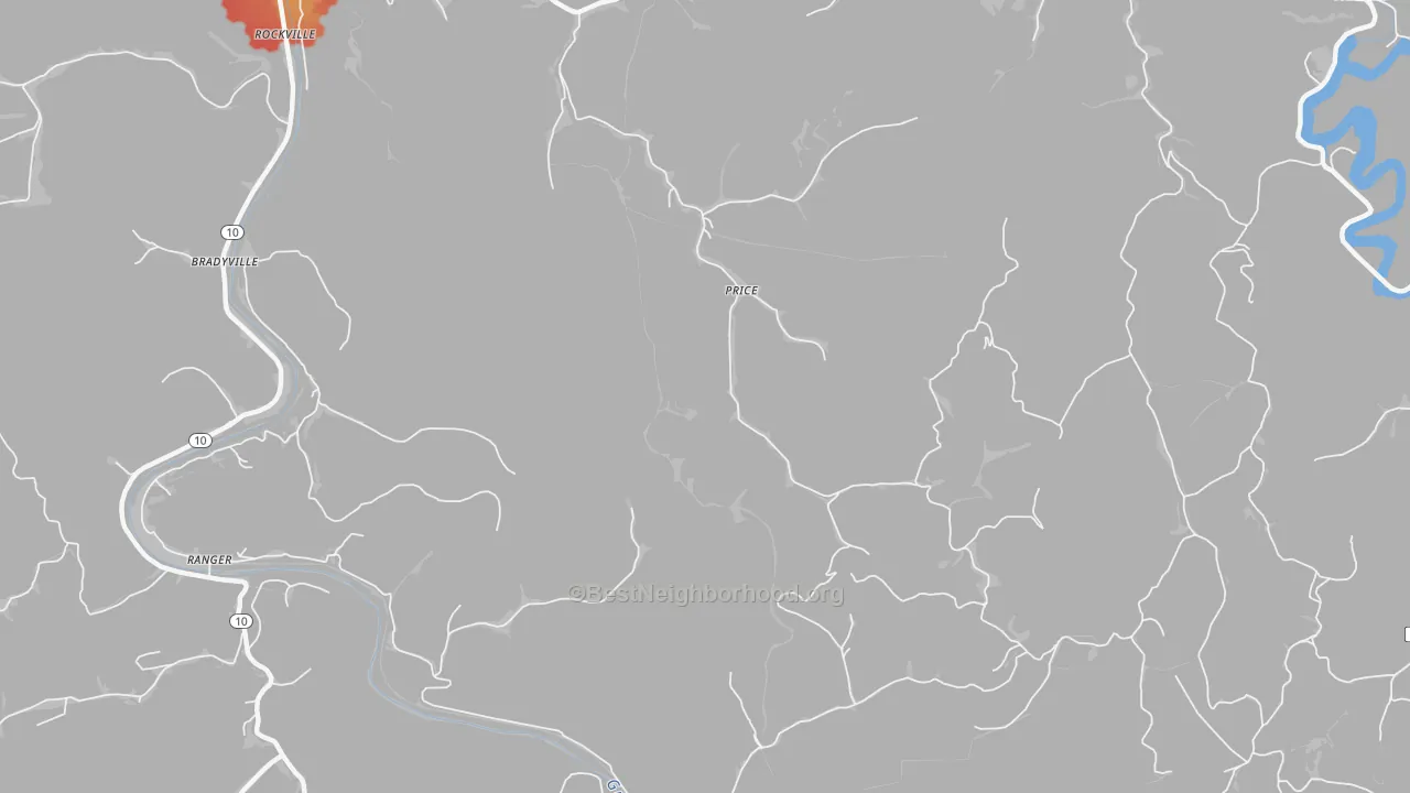 Walk Grade map of Price, WV, walkable areas in green and car-dependent areas in red