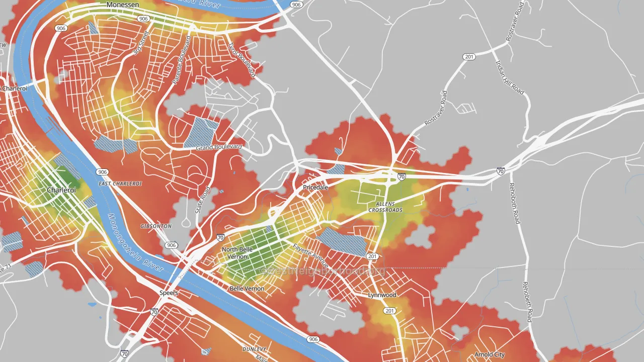 Walk Grade map of Pricedale, PA, walkable areas in green and car-dependent areas in red