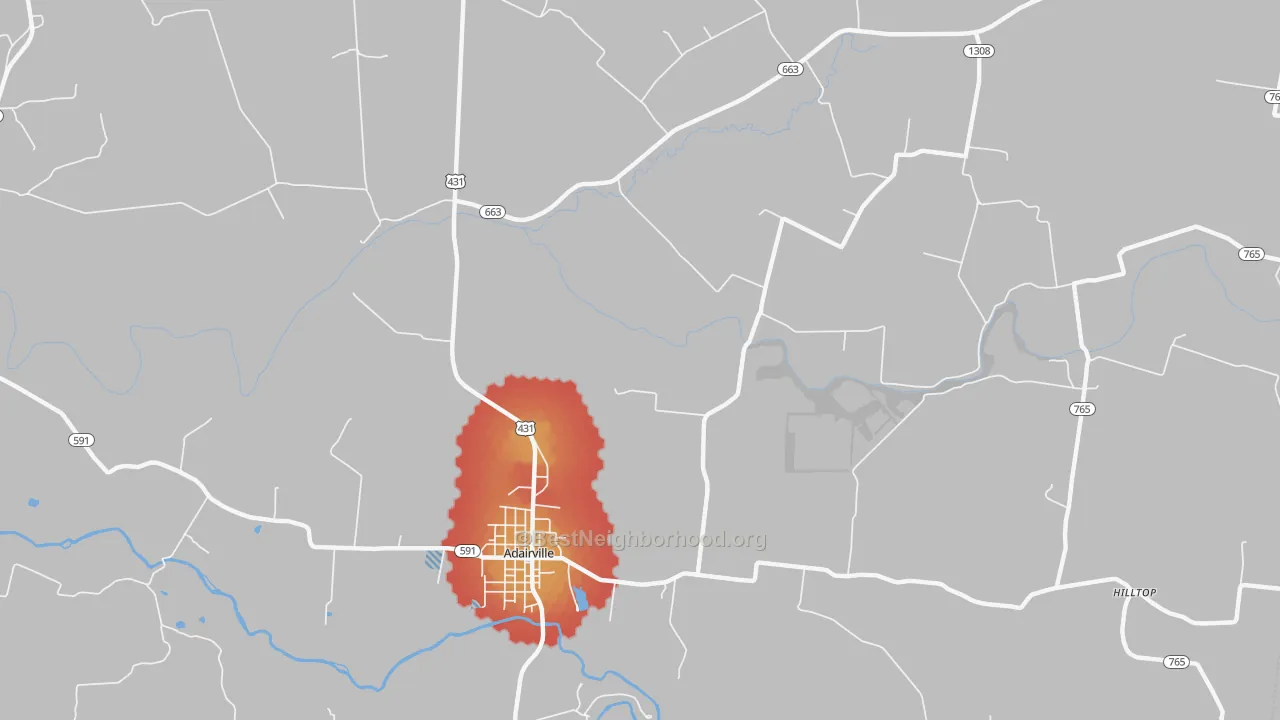 Walk Grade map of Prices Mill, KY, walkable areas in green and car-dependent areas in red