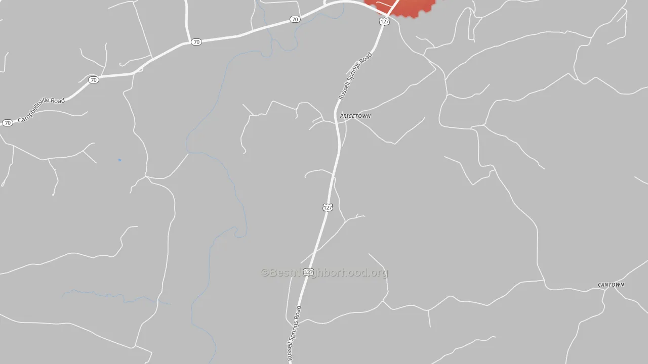 Walk Grade map of Pricetown, KY, walkable areas in green and car-dependent areas in red
