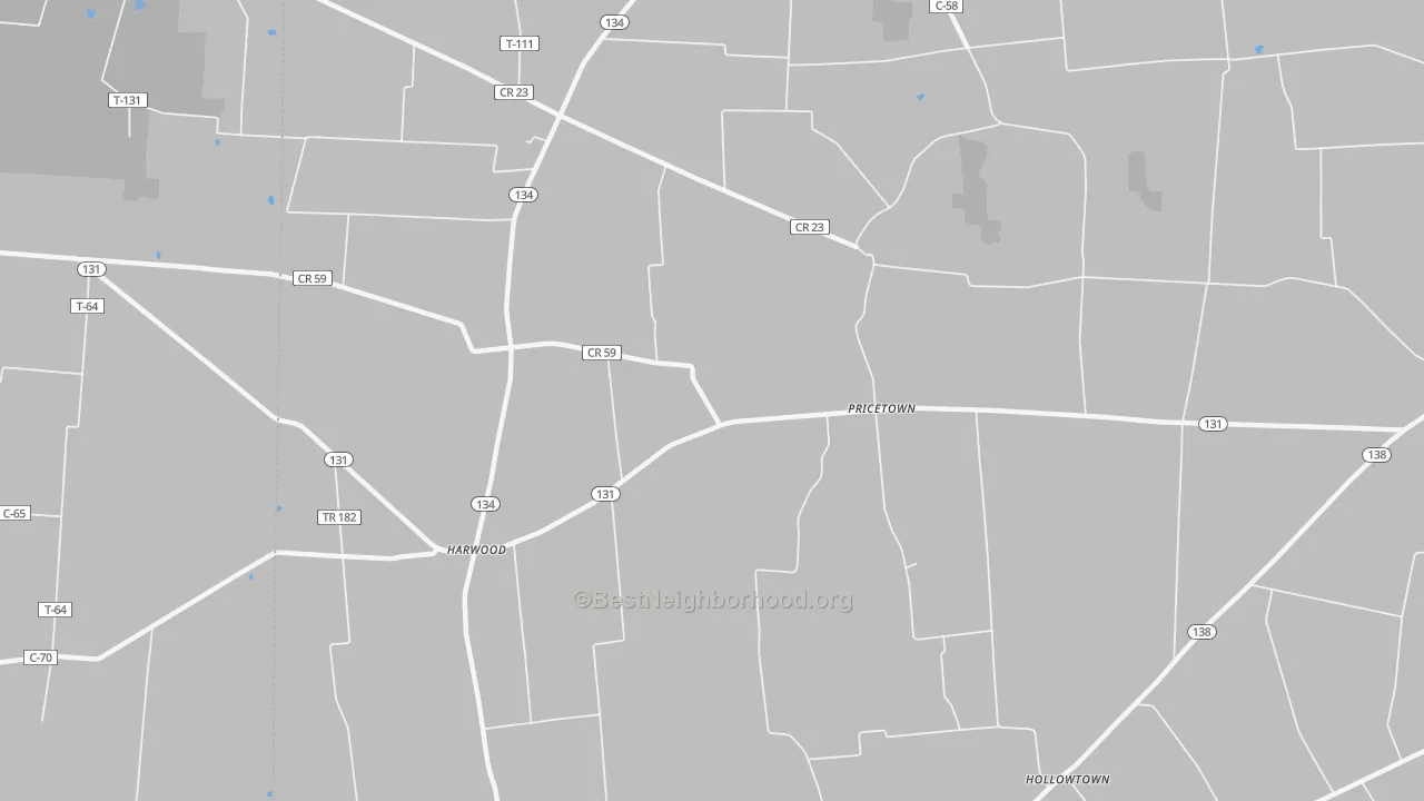 Walk Grade map of Pricetown, OH, walkable areas in green and car-dependent areas in red