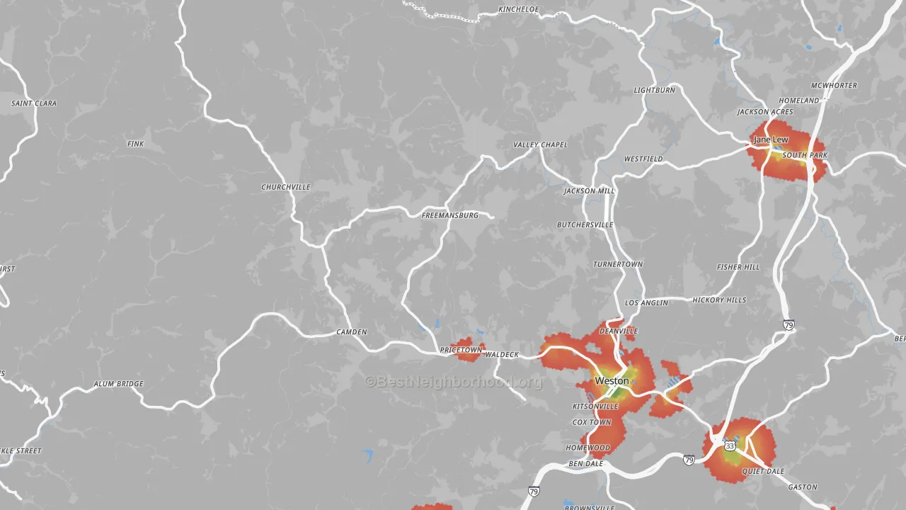 Walk Grade map of Pricetown, WV, walkable areas in green and car-dependent areas in red