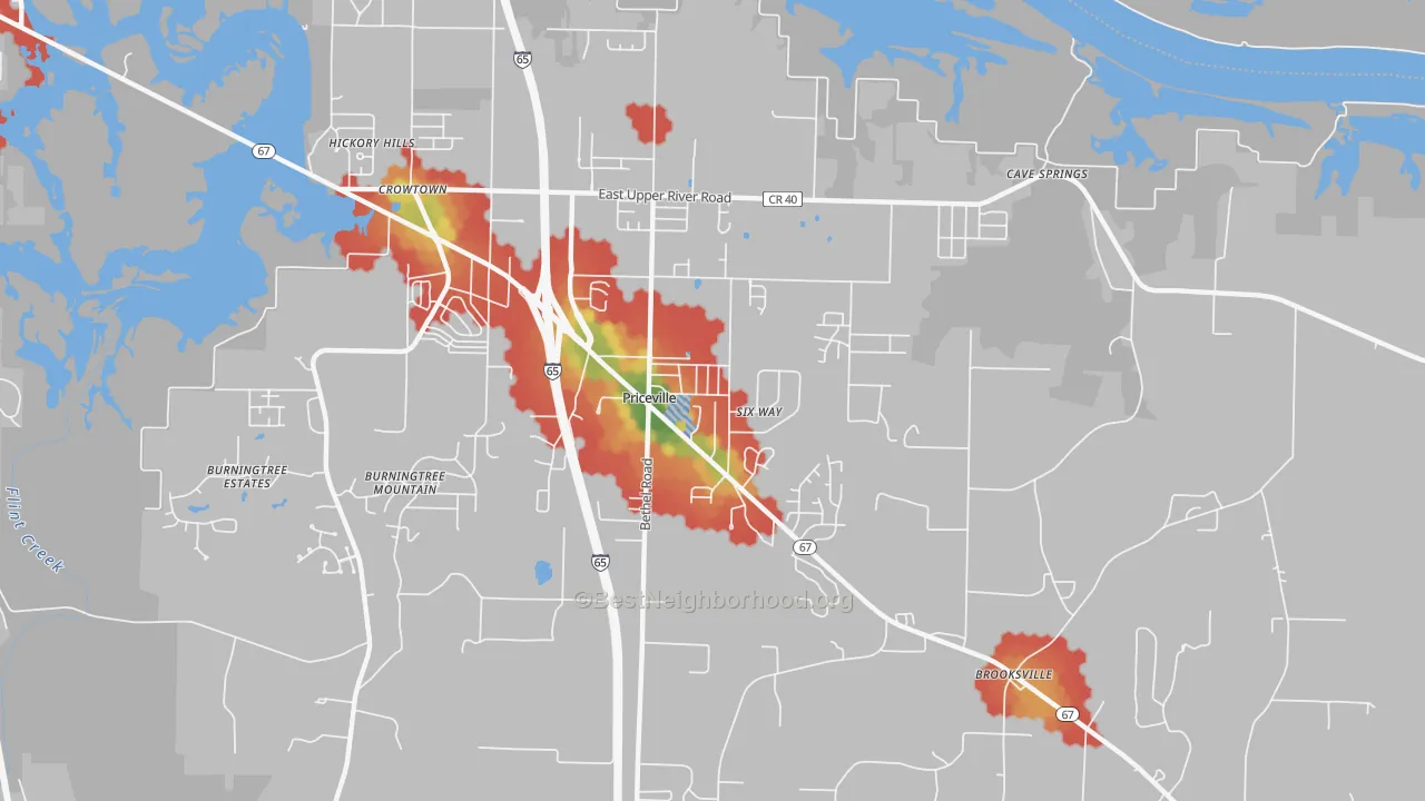 Walk Grade map of Priceville, AL, walkable areas in green and car-dependent areas in red